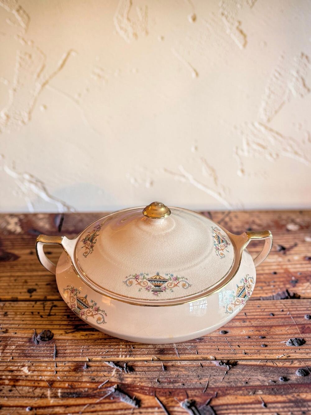 Vintage Lidded Covered Vegetable Serving Bowl, Cream & Gold Floral Transferware